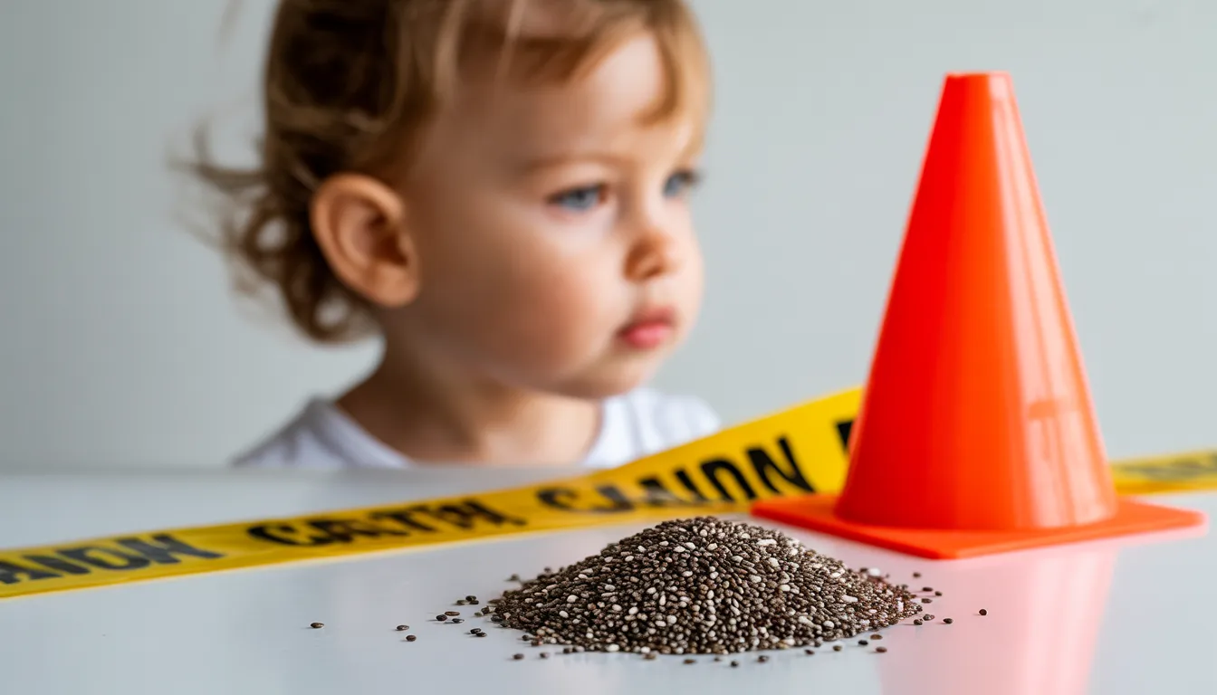 Dry chia seeds shown as a choking risk concept near child