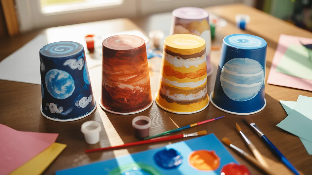 Paper cup planets painted in different colors used for kids solar system learning and craft activity.