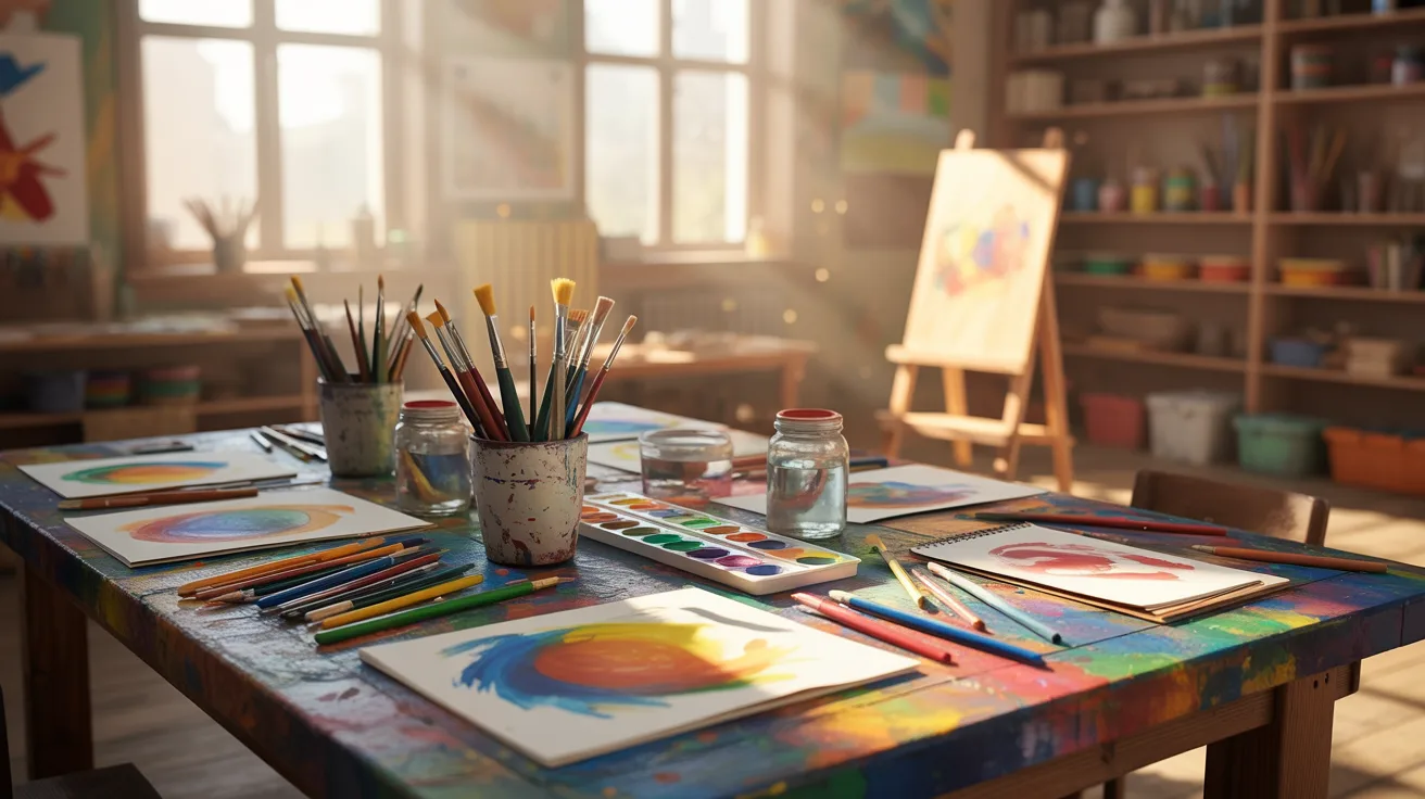 Art drawing setup with paints, brushes, and colorful materials arranged on a workspace, showing a creative painting environment.
