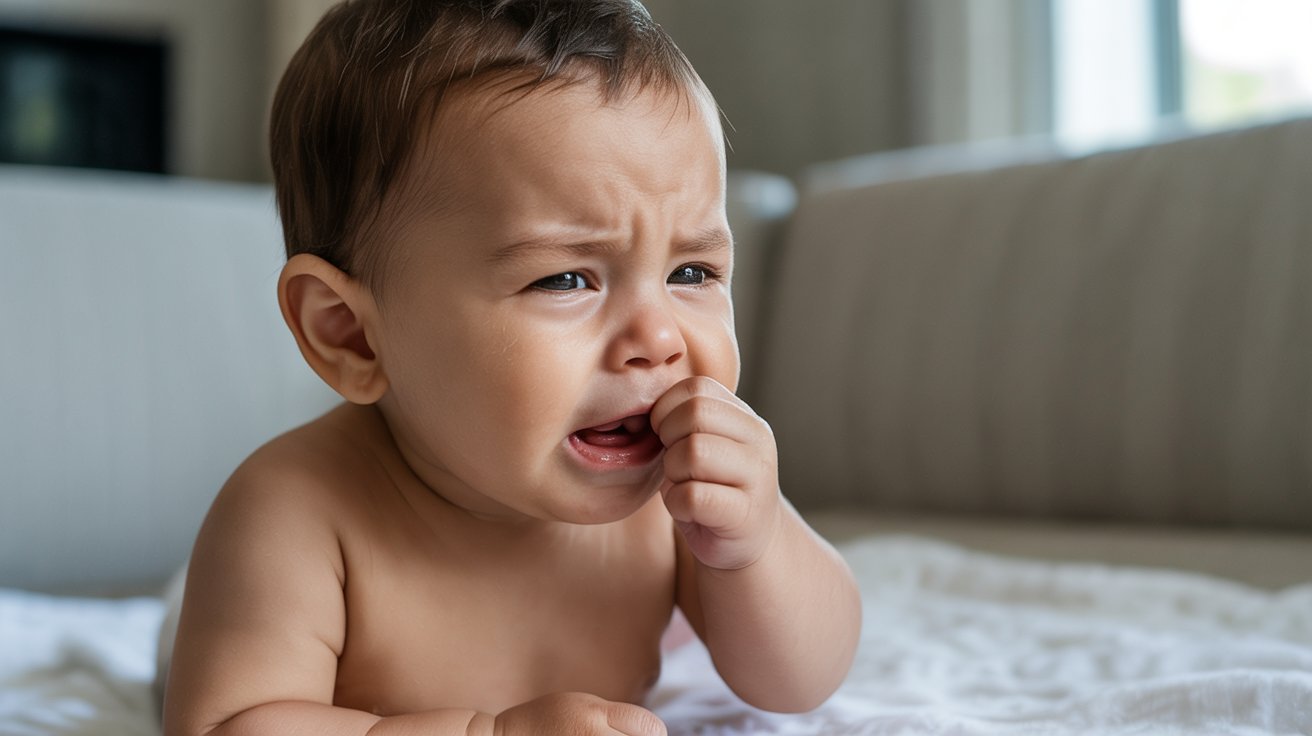 Baby showing hunger cues by sucking fist and crying