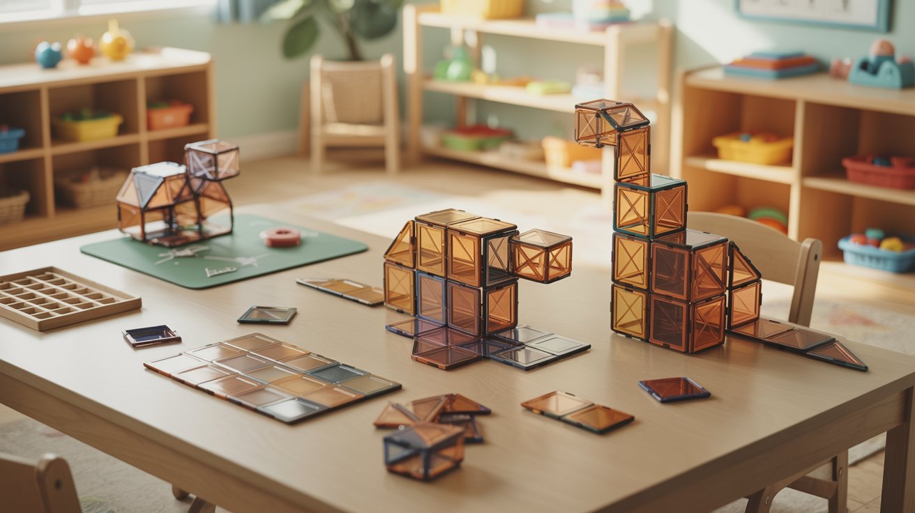 A toy set and a puzzle are arranged on a table form of dinosaur, showcasing engaging and educational play options for children.