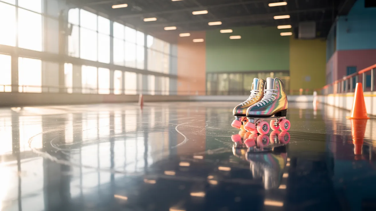 A pair of skates placed on a skating field, showing an outdoor or indoor skating area prepared for practice or recreational skating.