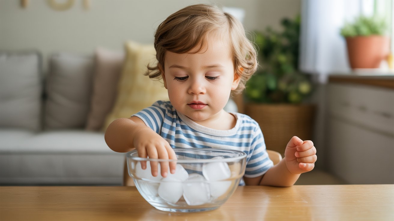 toddler playing with ice cubes sensory activity