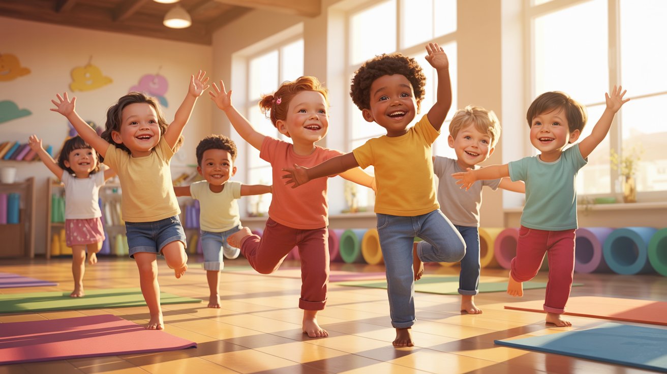 children practicing yoga poses in a bright classroom, focusing on balance and mindfulness together.