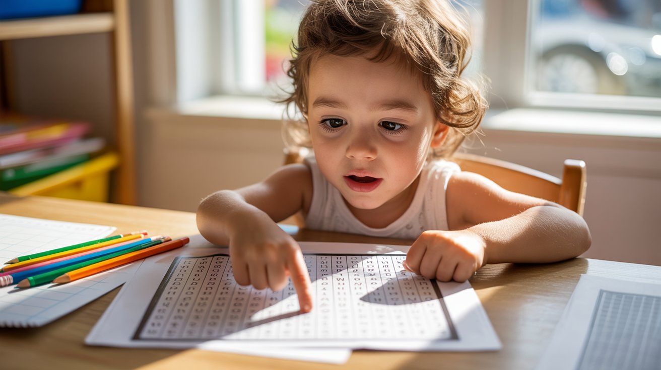 Child finding words in a puzzle and saying them aloud at a study table
