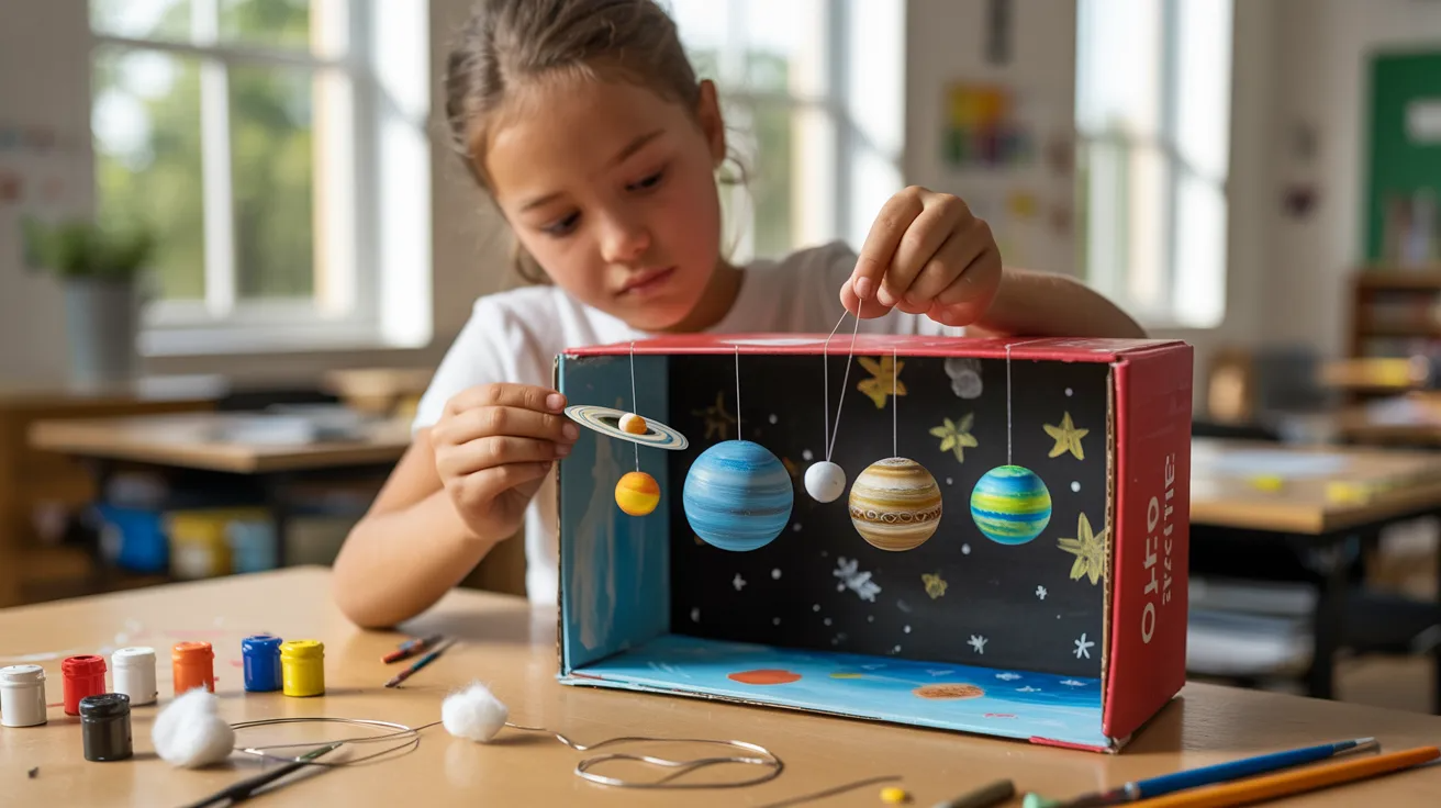 Child making shoebox solar system diorama with hanging planets.