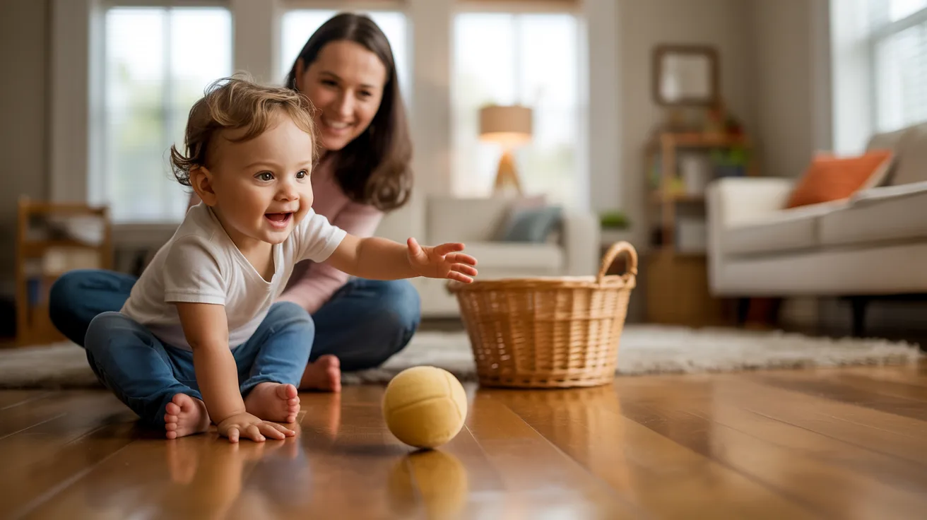 A woman and child joyfully playing with a ball on the floor during an indoor ball toss game.