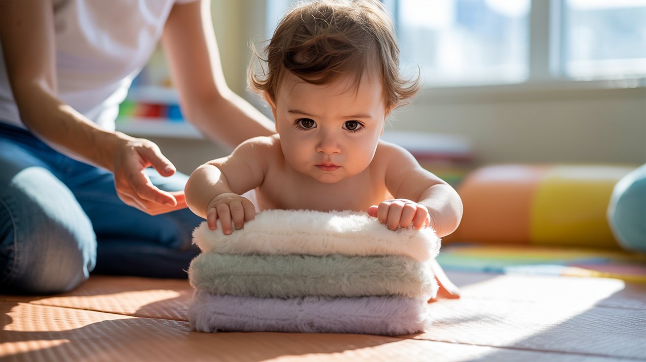 A baby sits happily on a colorful stack of neatly folded towels.