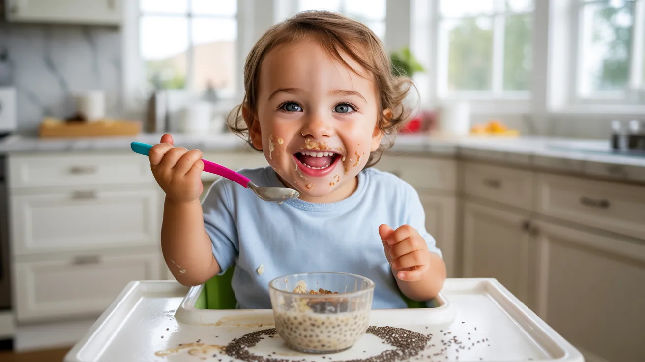 Toddler enjoying oatmeal with chia seeds in a bright kitchen