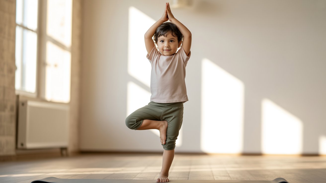 A young boy practicing yoga poses in a spacious, empty room with wooden floors and soft natural light.
