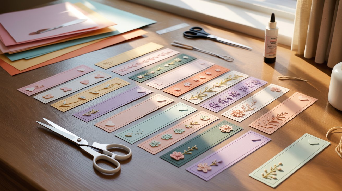 A table filled with different bookmarks and scissors, suggesting preparation for a creative project.