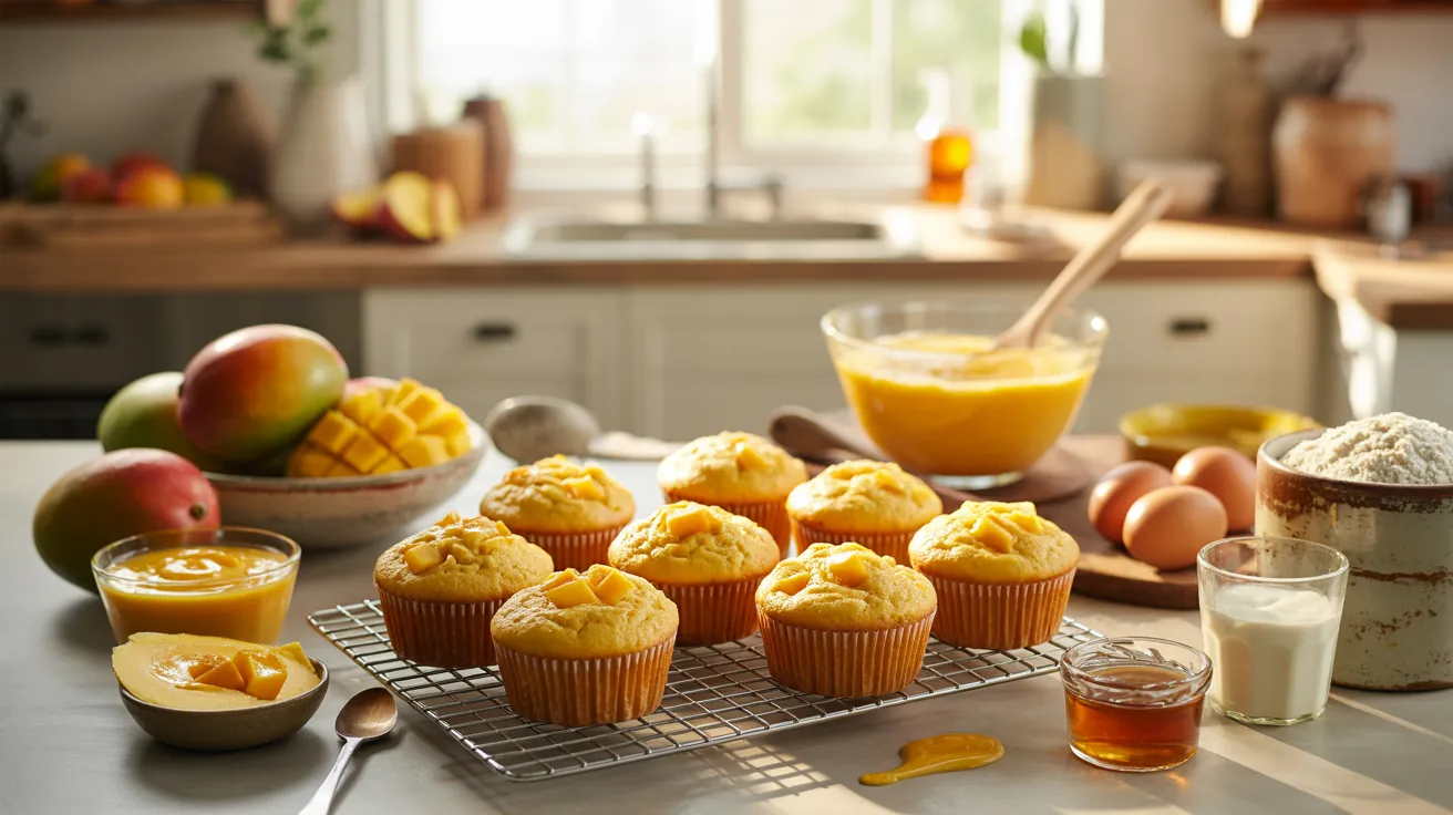 "Freshly baked mango muffins cooling on a rack with ripe mangoes, puree, and baking ingredients in a bright sunlit kitchen showing a seasonal summer treat for kids."