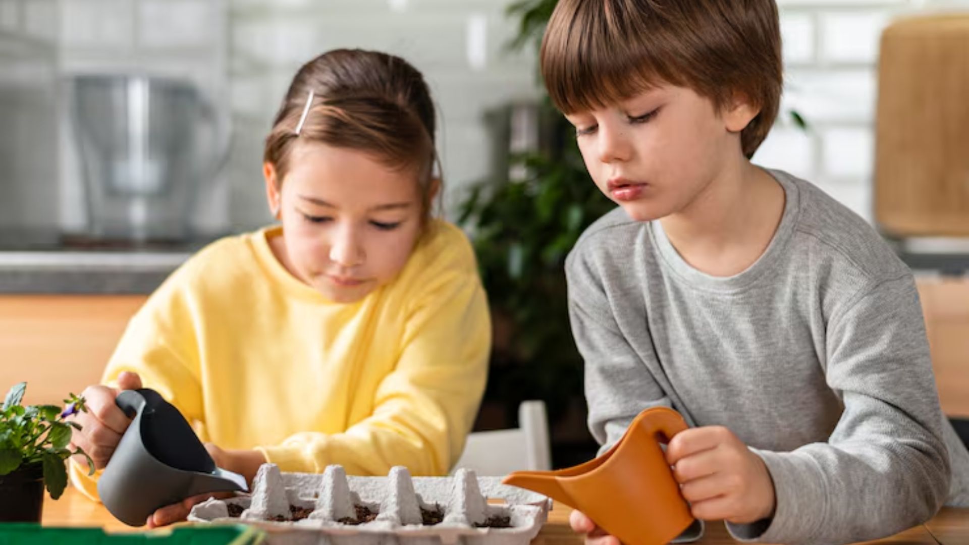 Two kids using small watering cans to water seeds planted in an egg carton, a recycling farm gardening activity for preschoolers
