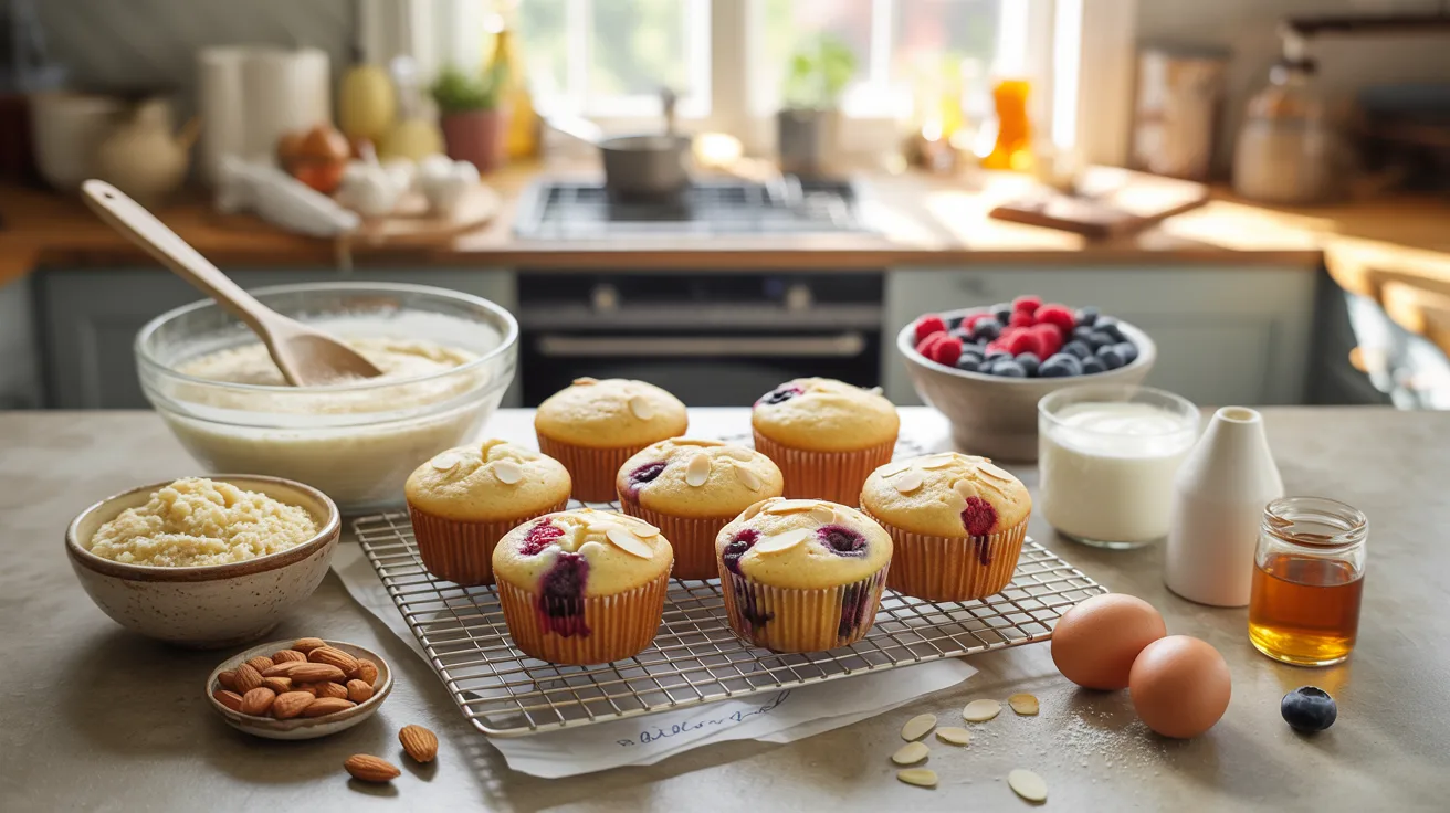 "Freshly baked almond flour muffins cooling on a rack with almond flour, eggs, vanilla, and berries in a bright sunlit kitchen showing a gluten-free healthy snack for kids."