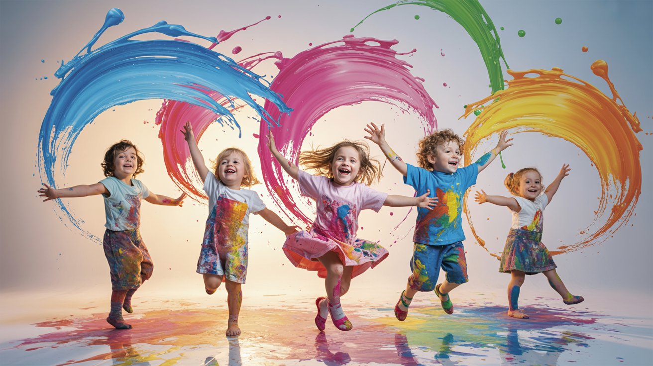 Children joyfully jumping in the air, surrounded by vibrant splashes of paint in various colors.