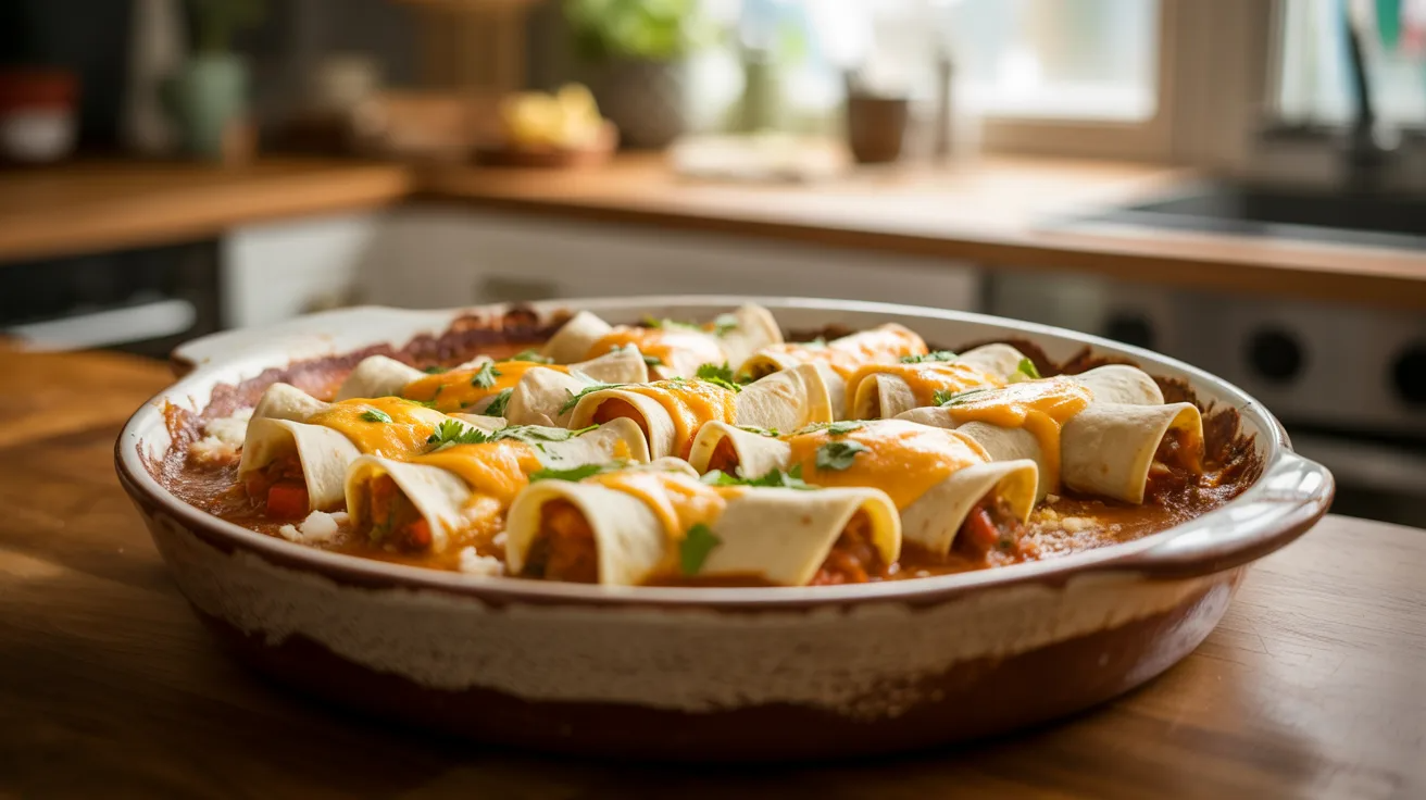 Mini enchiladas baked in sauce as soft toddler meal prep food.