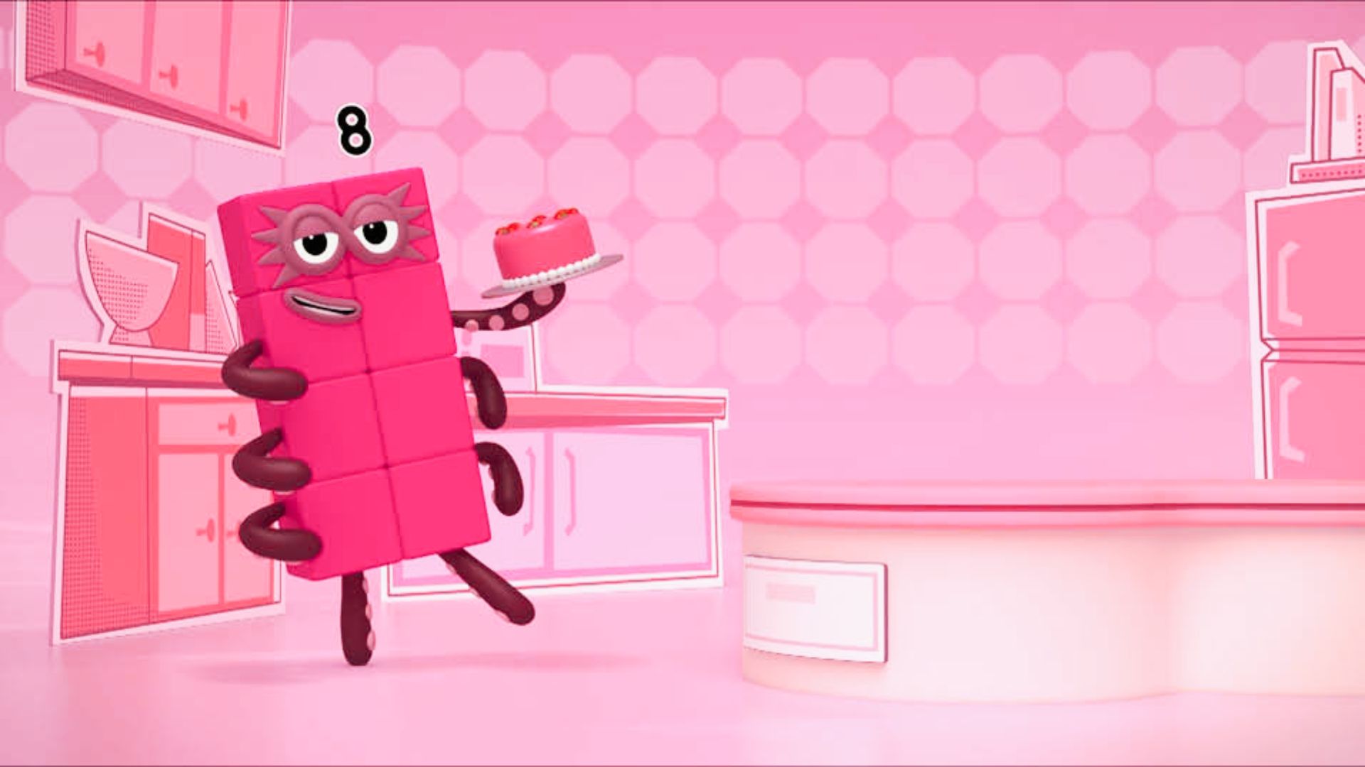 A cheerful Numberblocks character proudly displays a pink chocolate bar, showcasing a playful expression.