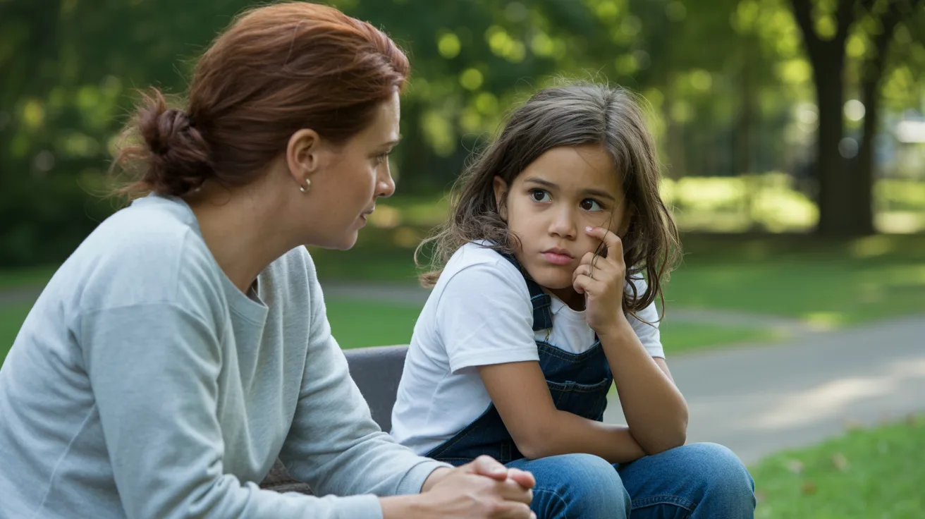 Parent and child observing someone in need at a park and discussing feelings with thoughtful and caring expressions