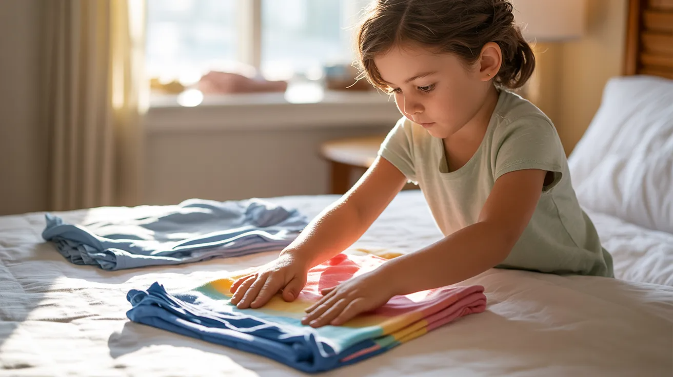 Child folding clothes as life skills activity for kids.