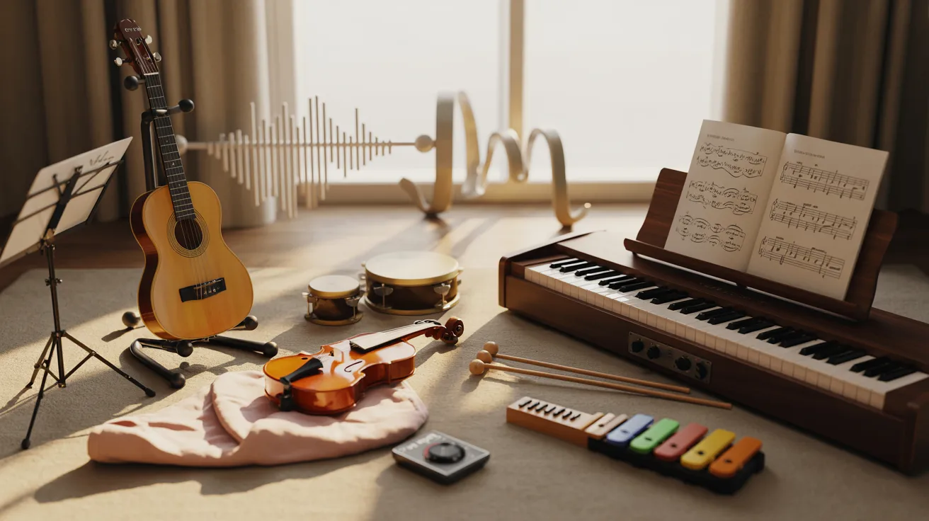 Music lessons setup featuring musical instruments arranged in a practice space, designed for learning instruments or vocal training in a focused educational environment.