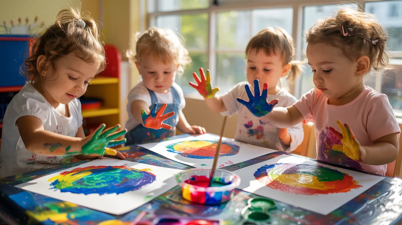 Kids finger painting colorful planets for solar system activity.