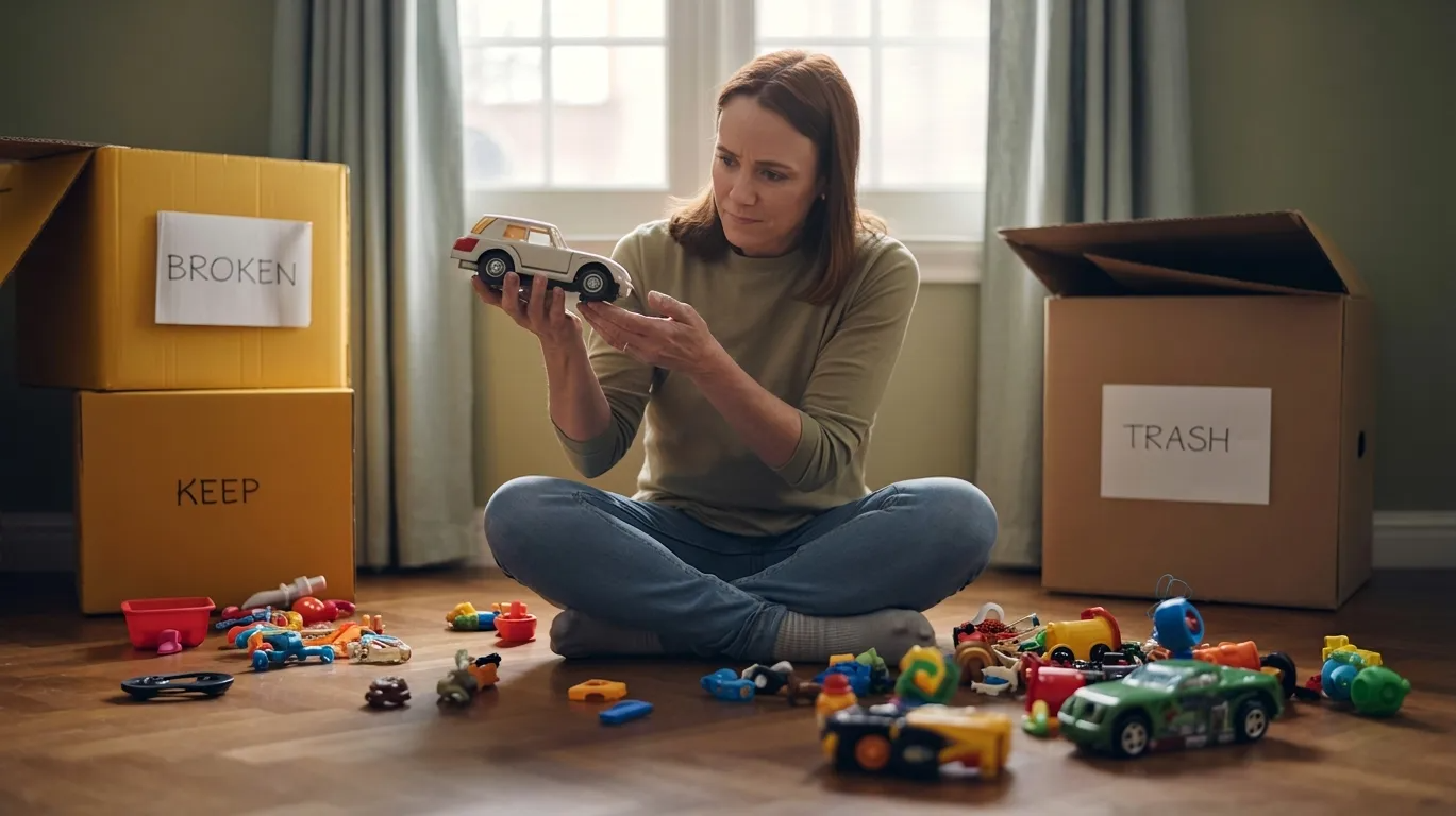 Parent sorting broken and unused toys into separate piles during decluttering process
