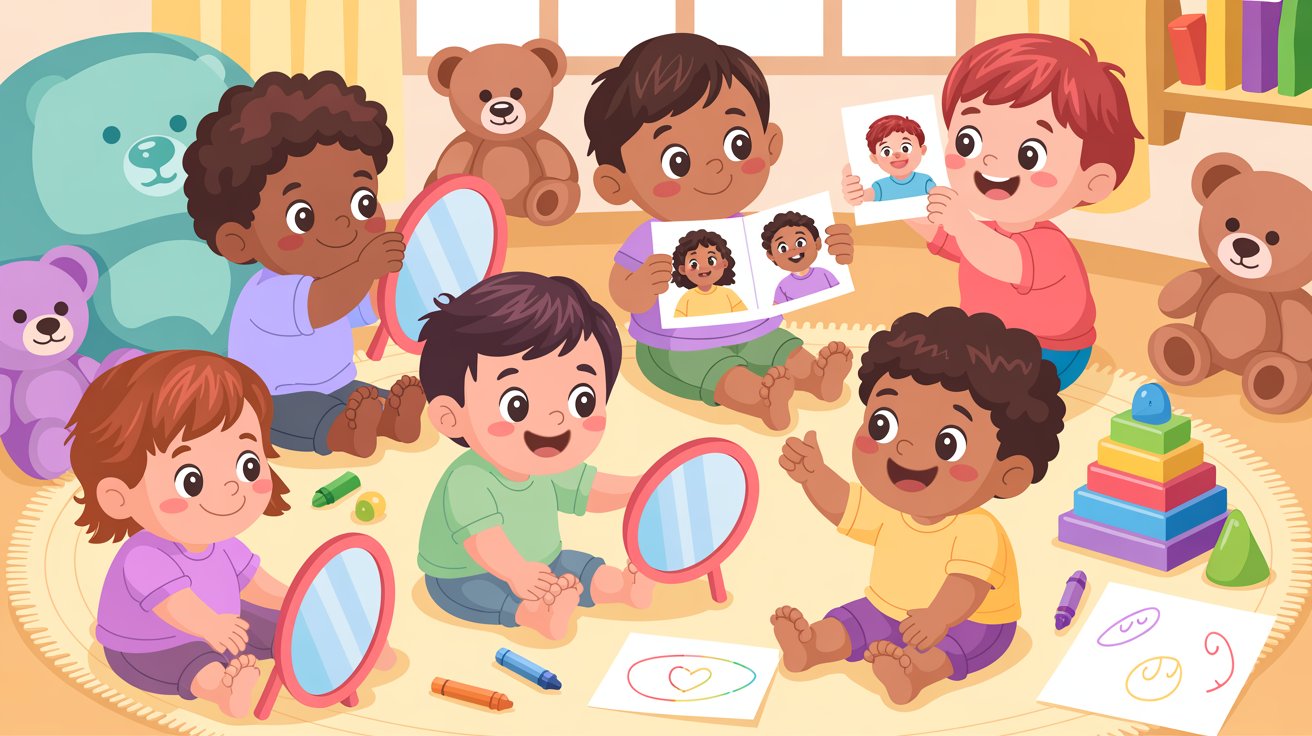 Children playing with colorful toys in a cozy room, with a large teddy bear sitting nearby.