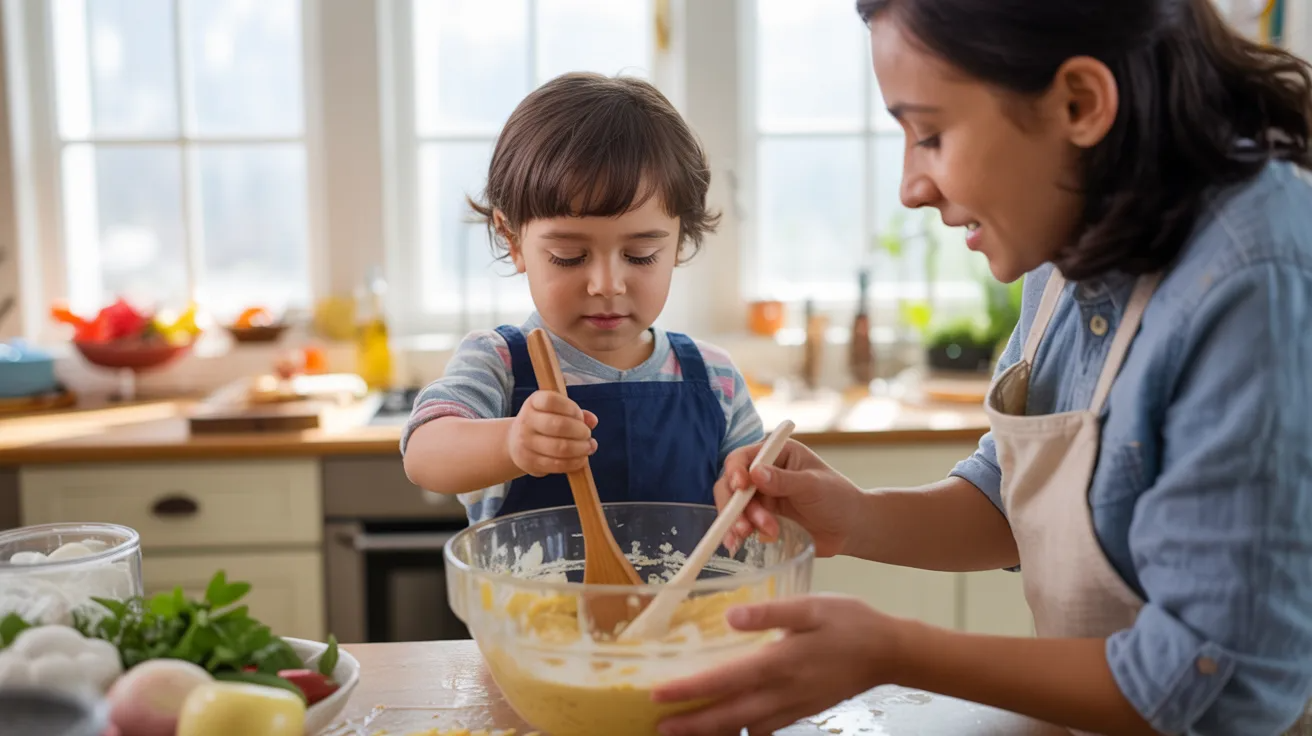 Child helping in kitchen as life skills activity for kids.