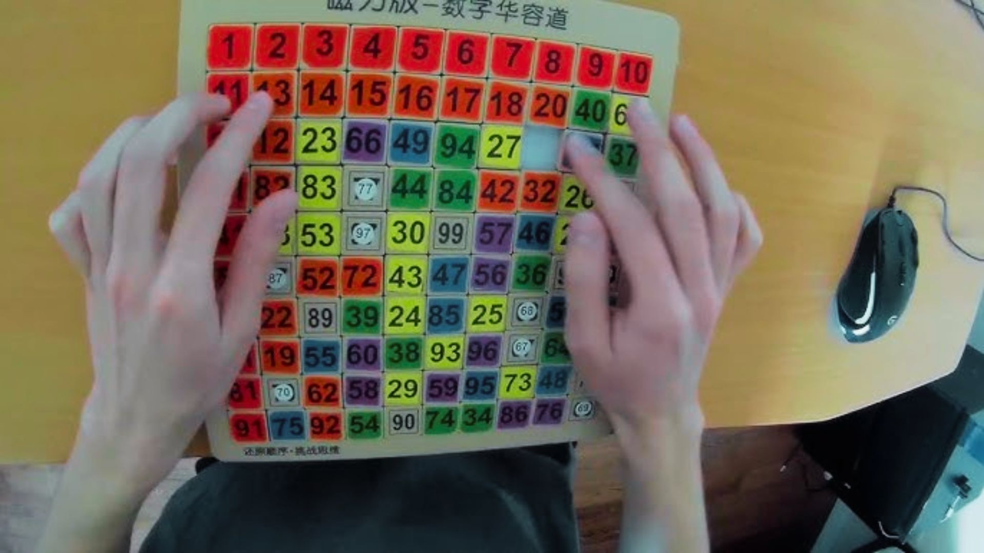A person holds a board displaying numbers.