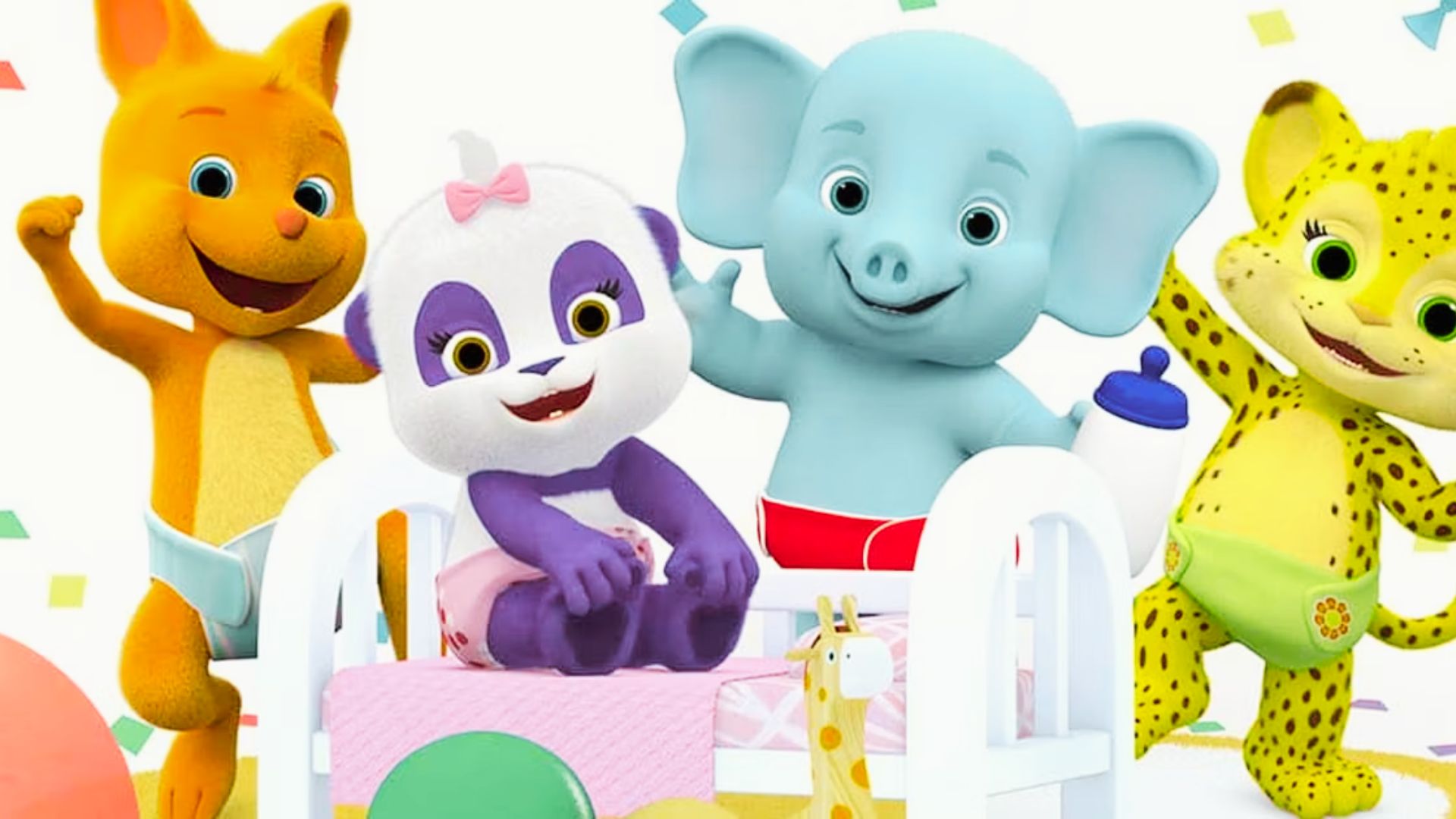 A group of cartoon animals playfully gathered in a colorful baby's room, surrounded by toys and cheerful decor.