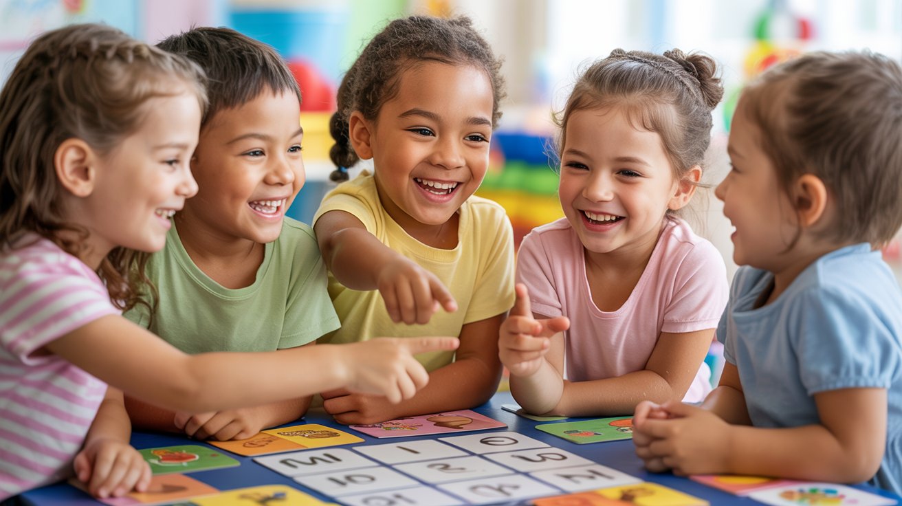 Children engaged in a lively game around a table, showcasing joy and teamwork.