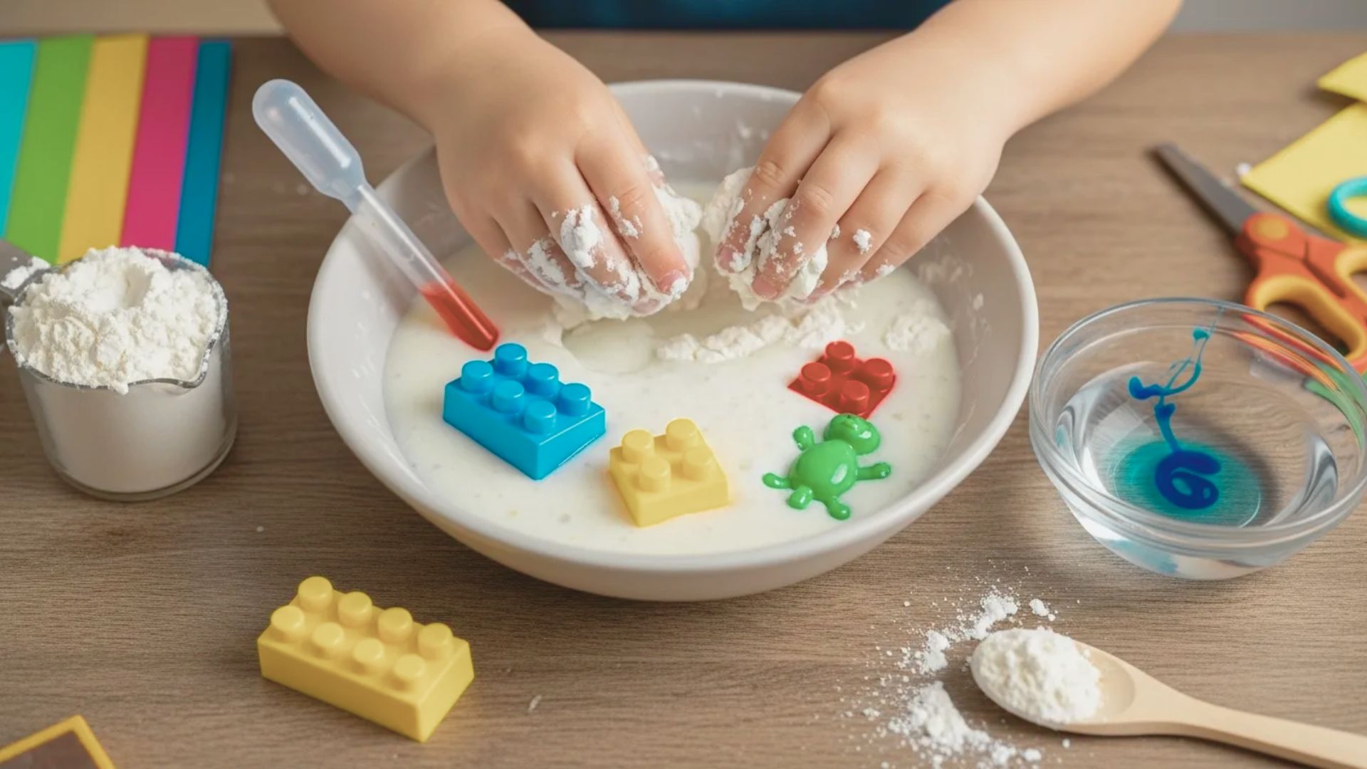 Small hands squish white oobleck in a bowl surrounded by colorful toy bricks, flour, and droppers of water.