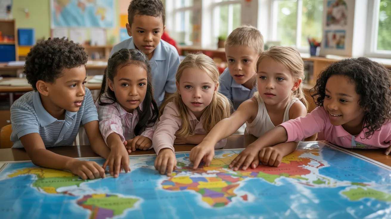 Children pointing to world maps while learning about countries.