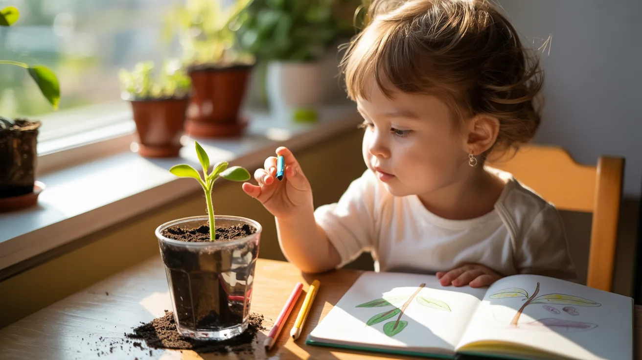 Young child observing a seedling growing in a clear cup while drawing plant parts in a notebook, a farm science activity for kids at home and classroom