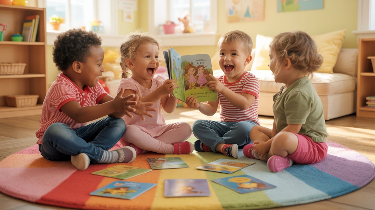 Children building a story together using pictures and imagination