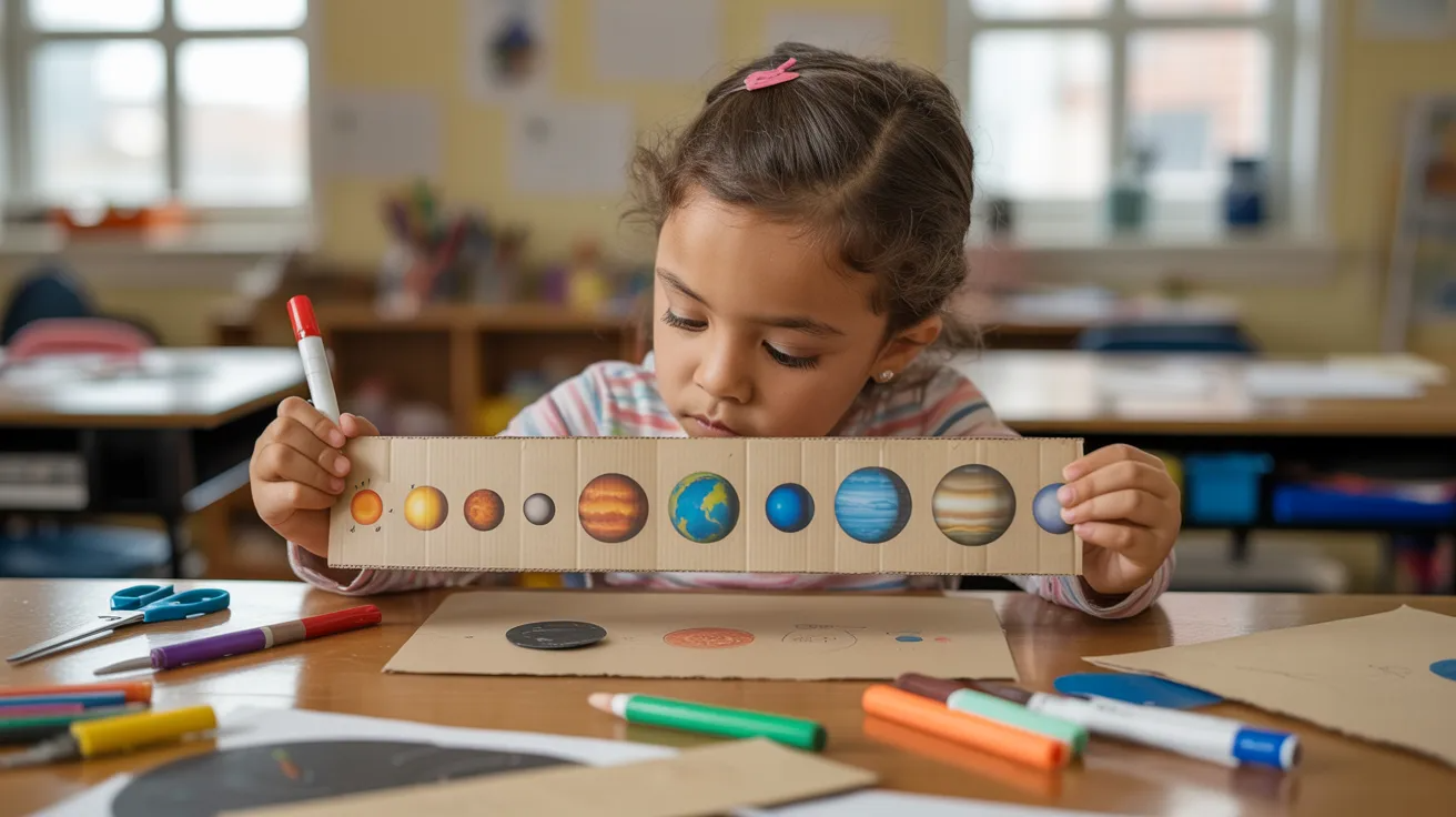 Children making solar system bookmark craft with mini planets in order.