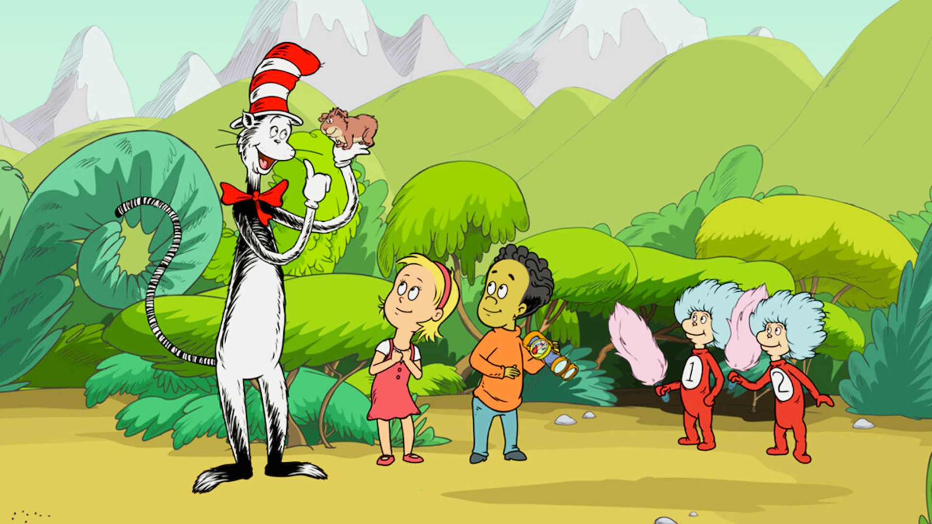 The Cat in the Hat and his friends playfully gather together, showcasing their colorful personalities and whimsical attire.
