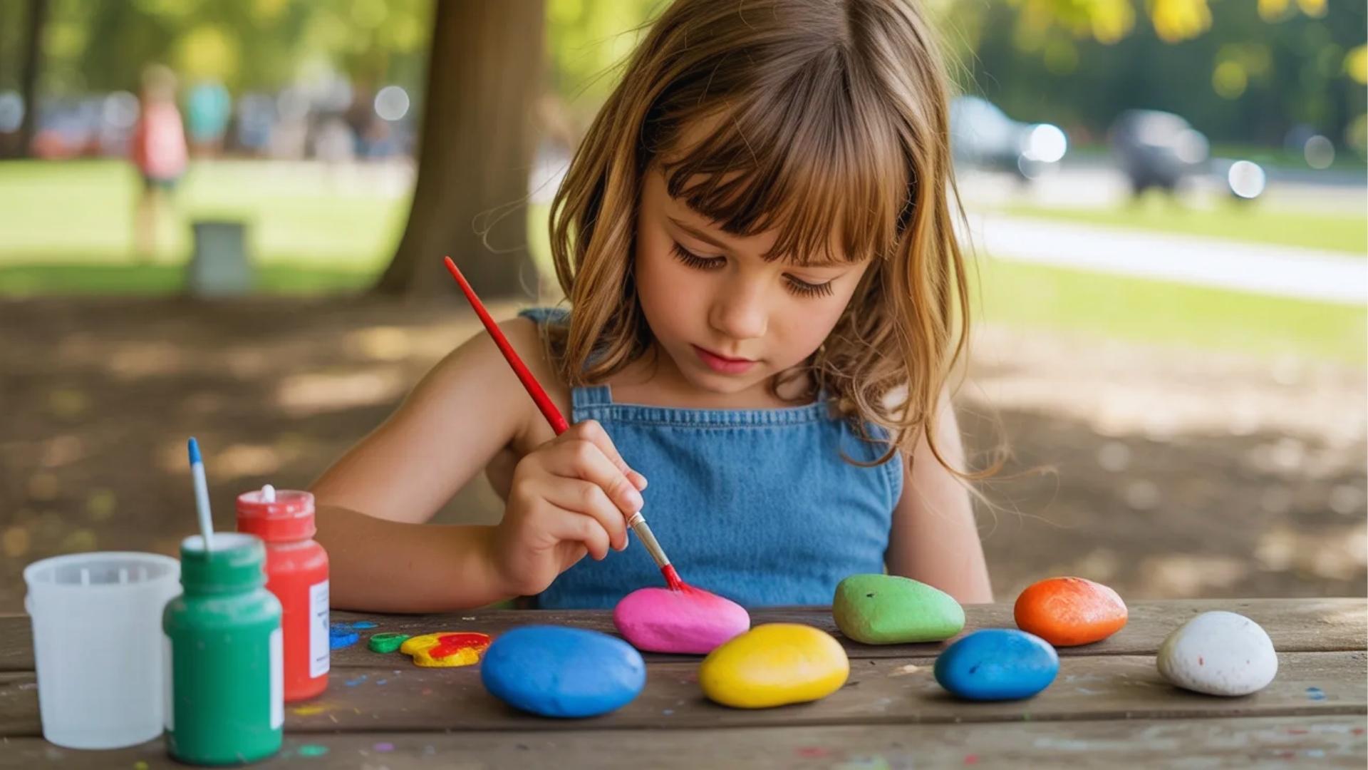 Child painting rocks with bright colors and kind messages outdoors in a creative and joyful activity setting