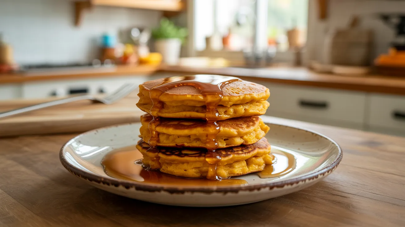Sweet potato pancakes stacked on plate as healthy toddler meal prep breakfast.