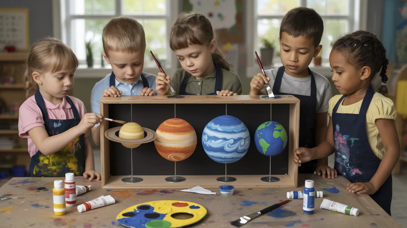 Children arranging planets inside solar system shadow box.