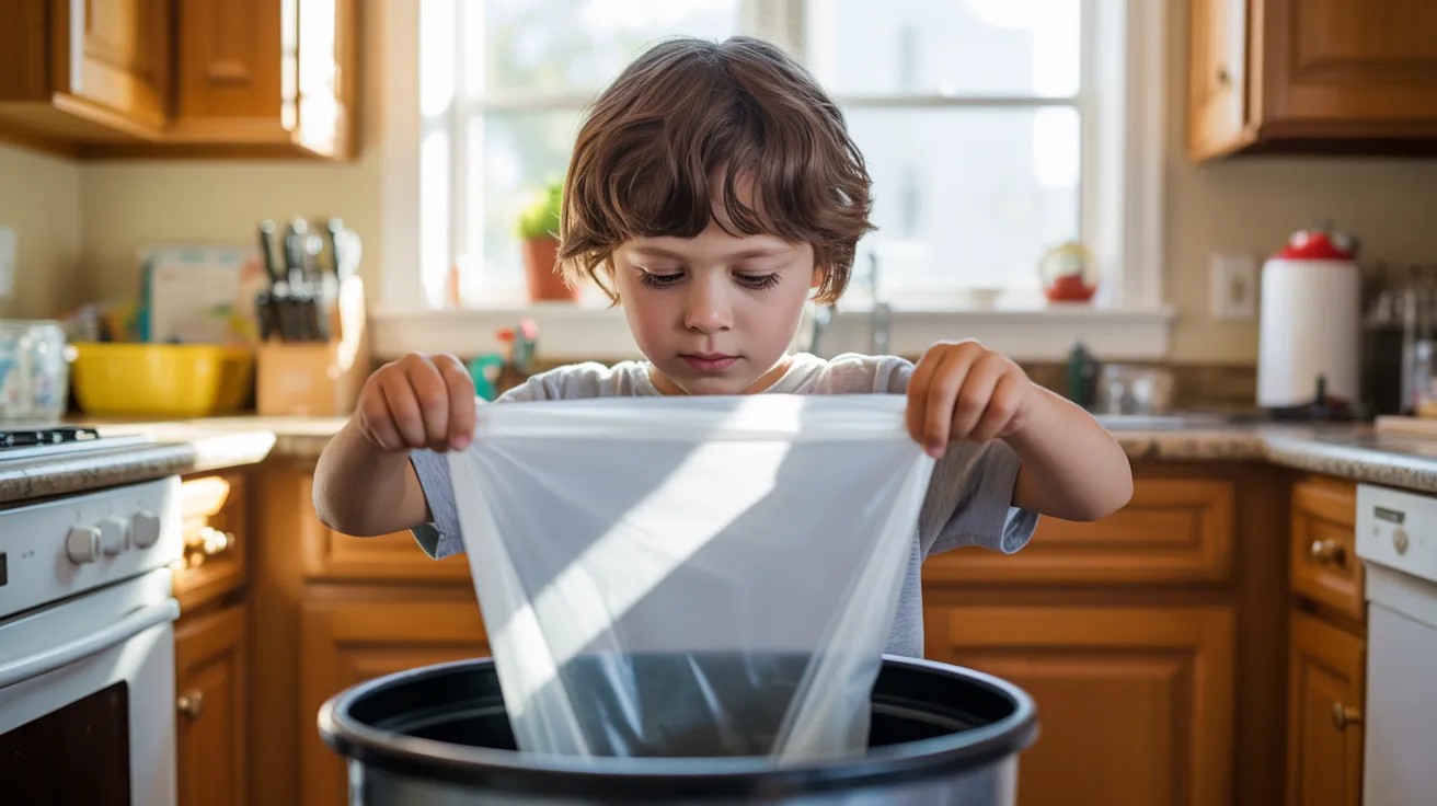 Child learning to use trash bags as life skills activity for kids.