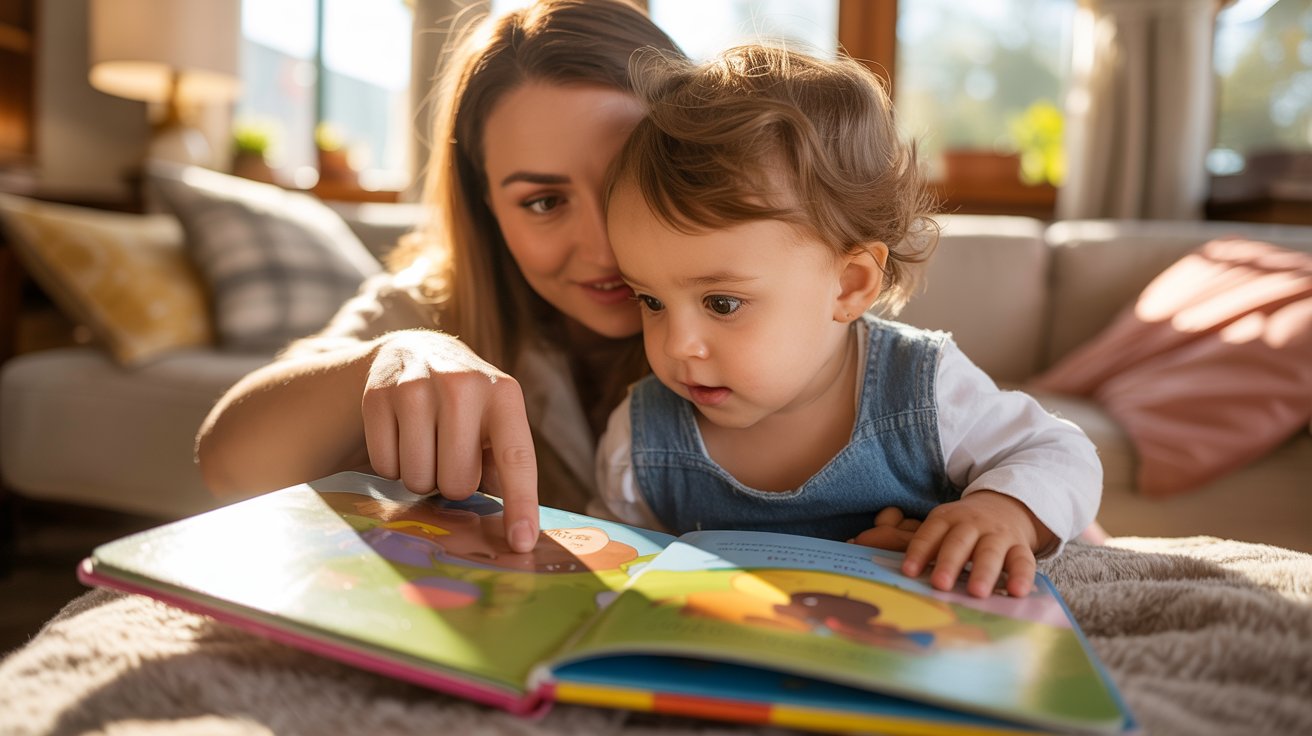 parent teaching toddler words using picture book