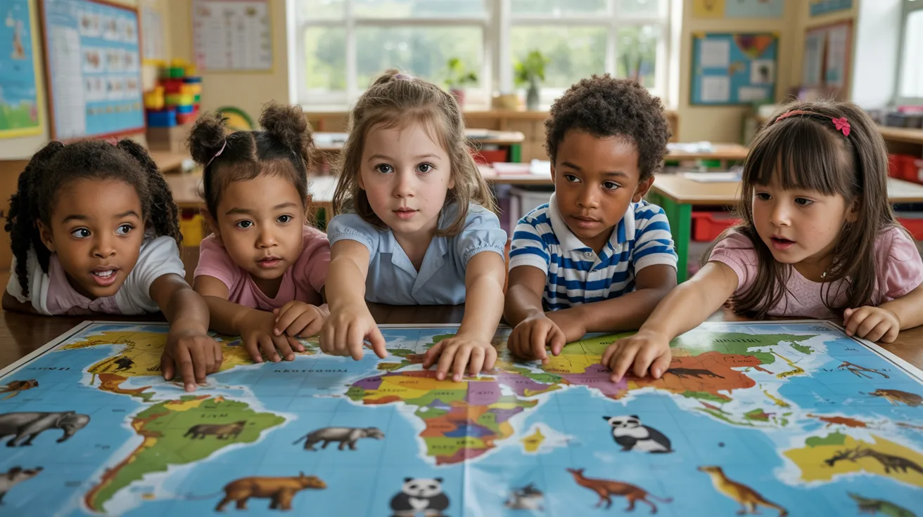 Children learning about animals from different countries during cultural activities for kids.