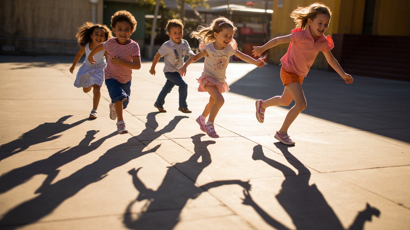 Children chasing shadows and trying to step on them in sunlight
