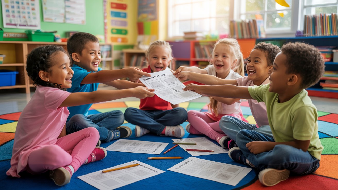 Children sitting on the floor, engaged with papers in their hands, focused on their activities.