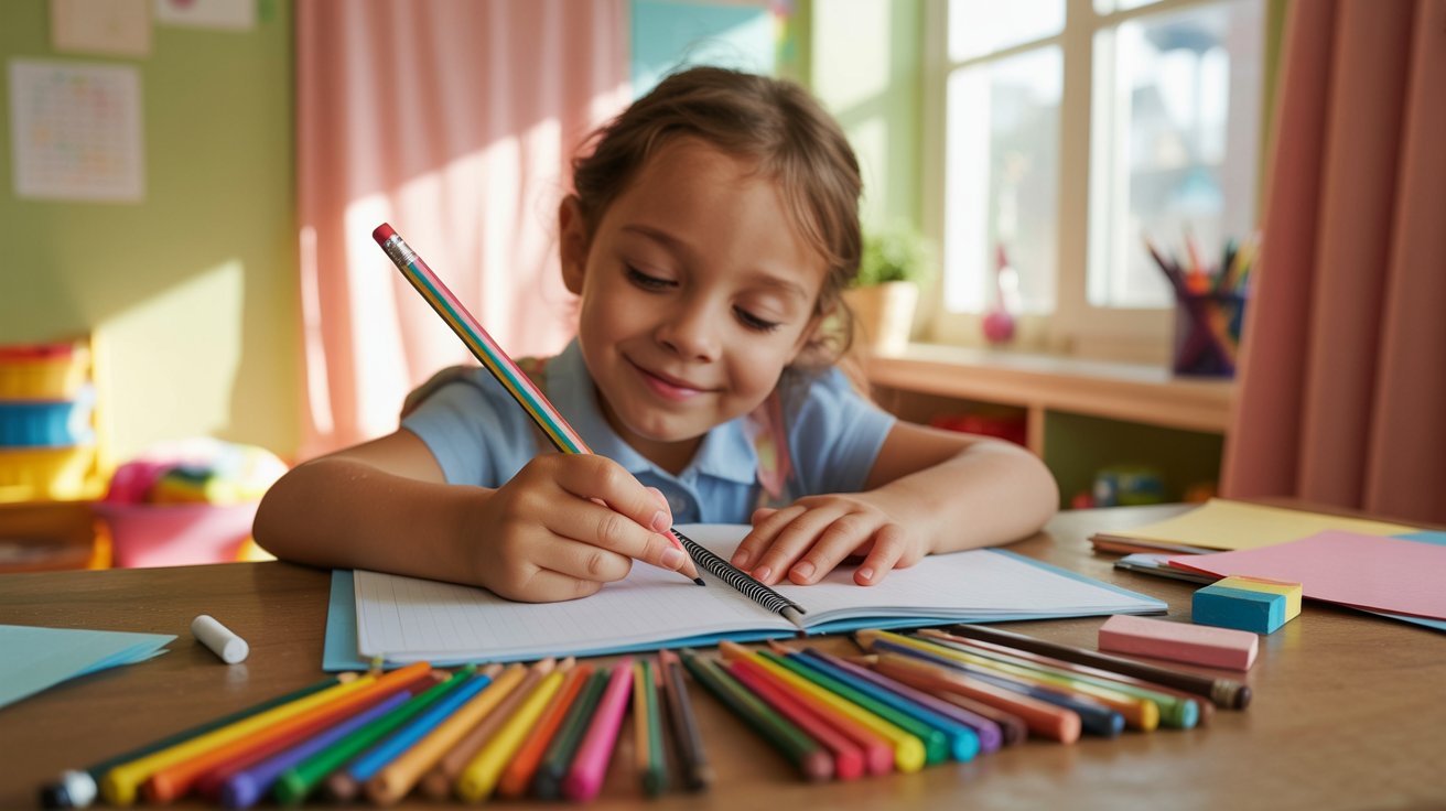 A young girl is focused on drawing with a variety of colored pencils on a sheet of paper.