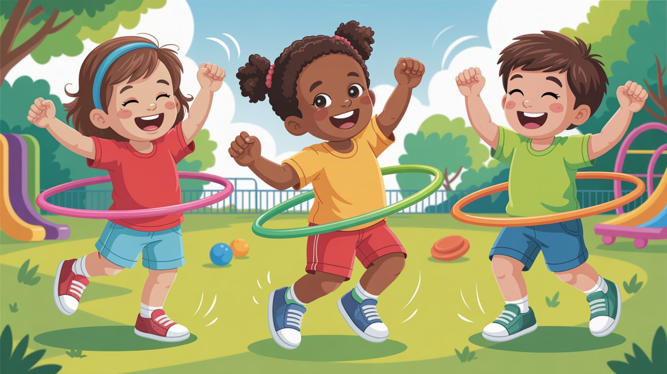 Children joyfully playing with colorful hula hoops in a sunny park, surrounded by green grass and trees.