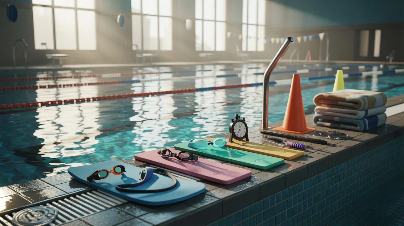 Swimming training setup featuring a clean pool environment prepared for practice sessions, supporting water-based physical activity and skill development.