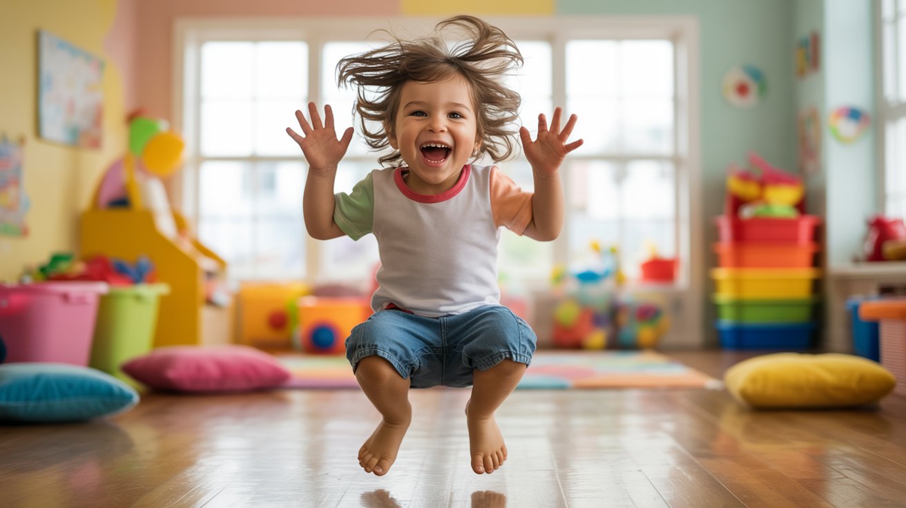 Child acting out action words like jumping and clapping during a speech game