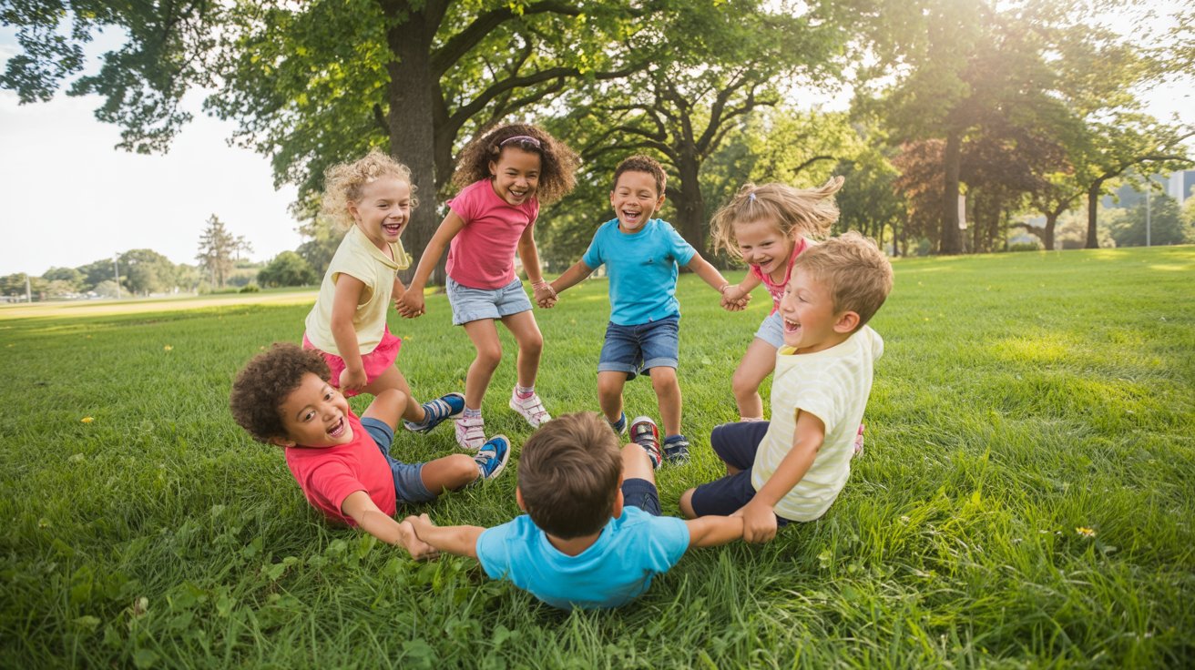 Kids holding hands and falling together while playing in a circle